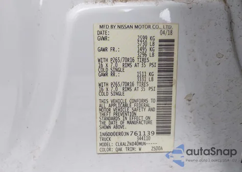 2018 Nissan Frontier Sv z USA, uszkodzony, nr VIN 1N6DD0ER0JN761139